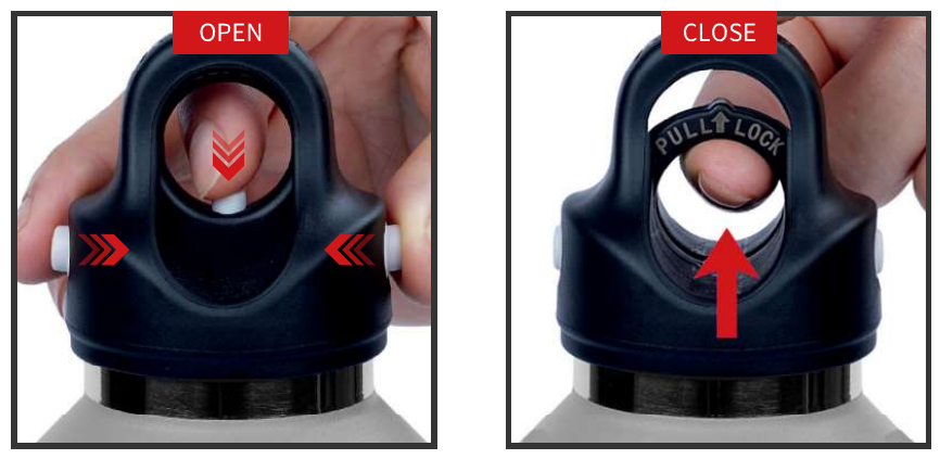 Revomax Twist-Free cap shown opening and closing with one hand, with PULL and LOCK indicators